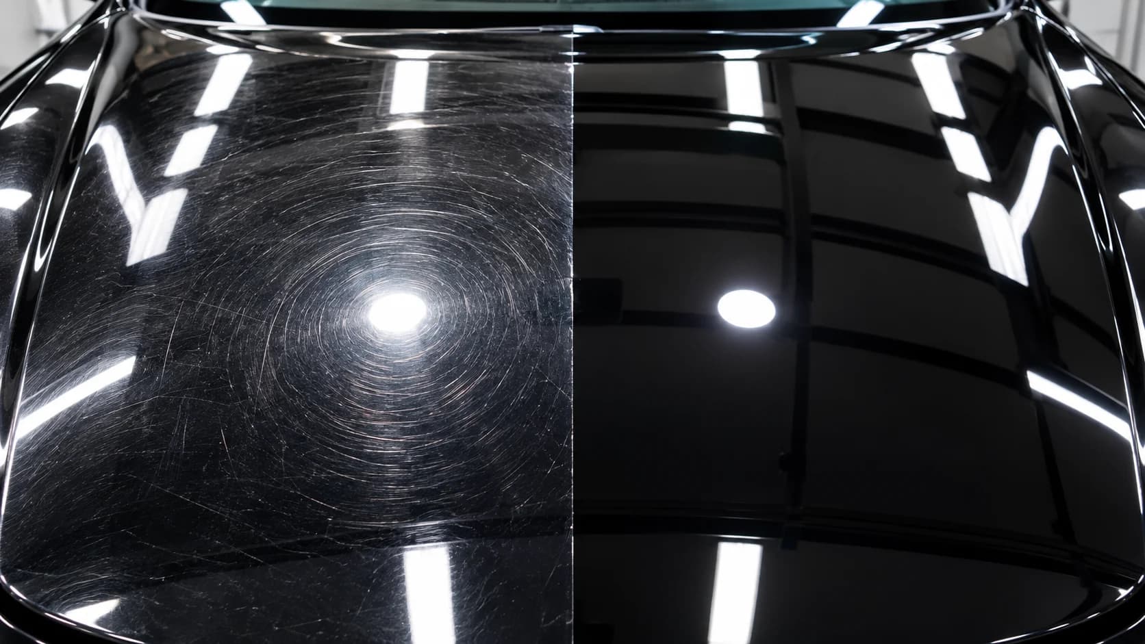 AI illustration of black car paint with swirl marks on the left and a corrected finish on the right